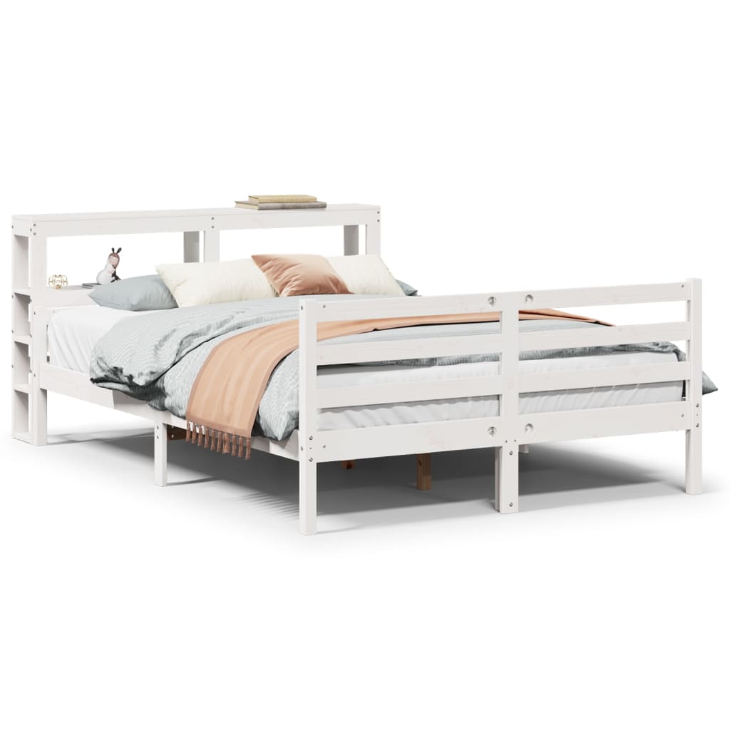 Bedframe met hoofdbord massief grenenhout wit 150x200 cm