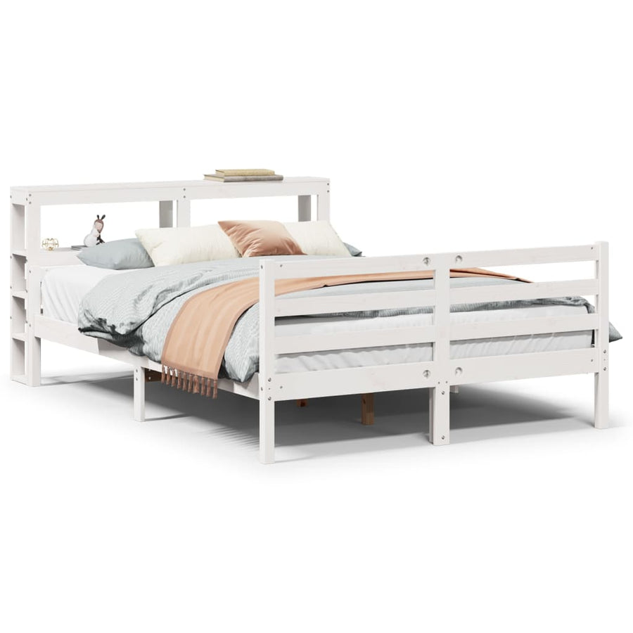 Bedframe met hoofdbord massief grenenhout wit 150x200 cm