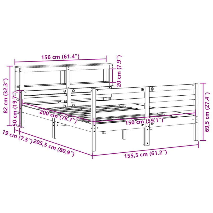 Bedframe met hoofdbord massief grenenhout wit 150x200 cm