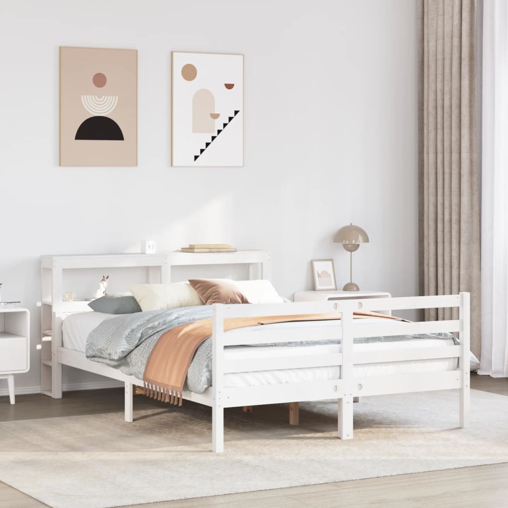 Bedframe met hoofdbord massief grenenhout wit 150x200 cm