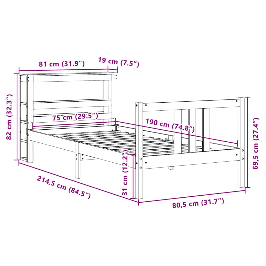 Bedframe met hoofdbord massief grenenhout 75x190 cm
