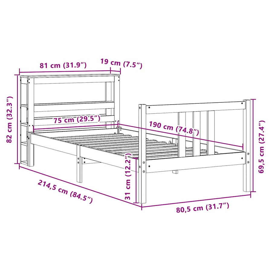 Bedframe met hoofdbord massief grenenhout 75x190 cm