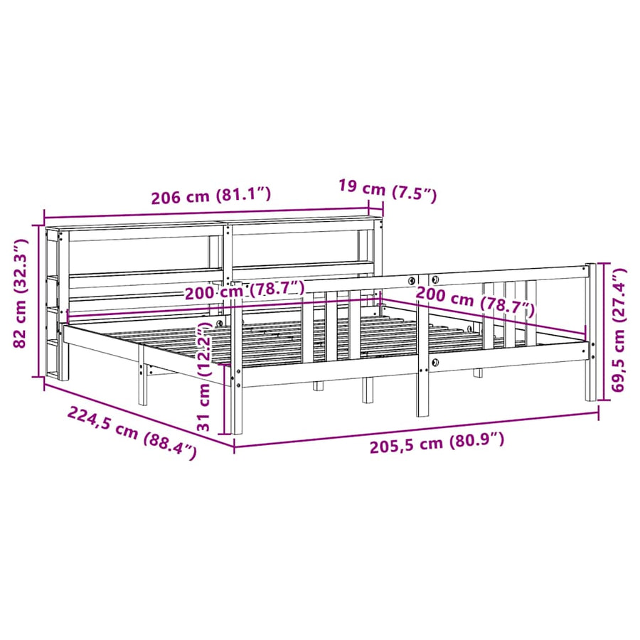 Bedframe met hoofdbord massief grenenhout 200x200 cm