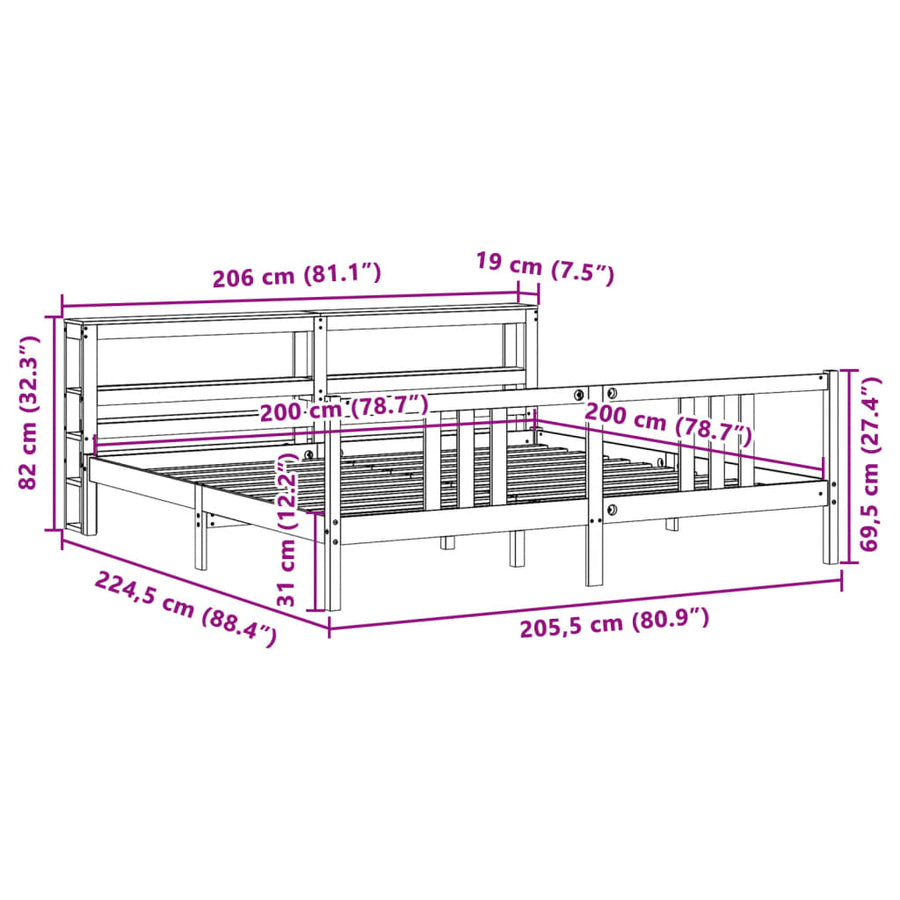 Bedframe met hoofdbord massief grenenhout wit 200x200 cm