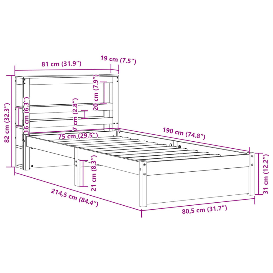 Bedframe met hoofdbord massief grenenhout wit 75x190 cm