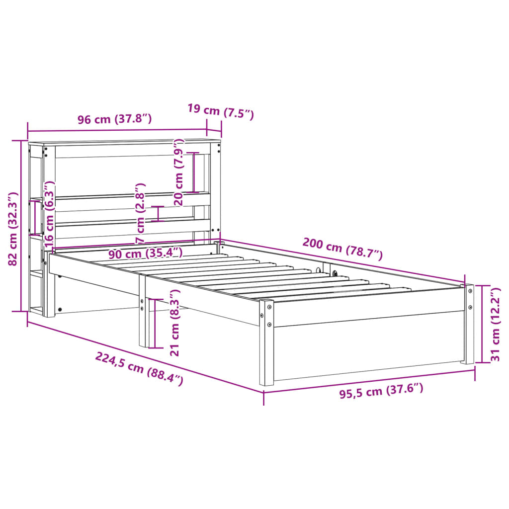 Bedframe met hoofdbord massief grenenhout 90x200 cm