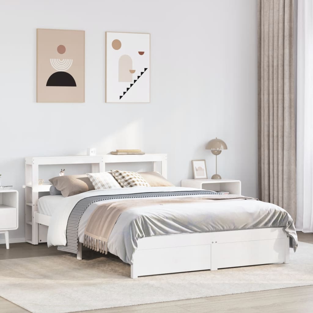 Bedframe met hoofdbord massief grenenhout wit 150x200 cm
