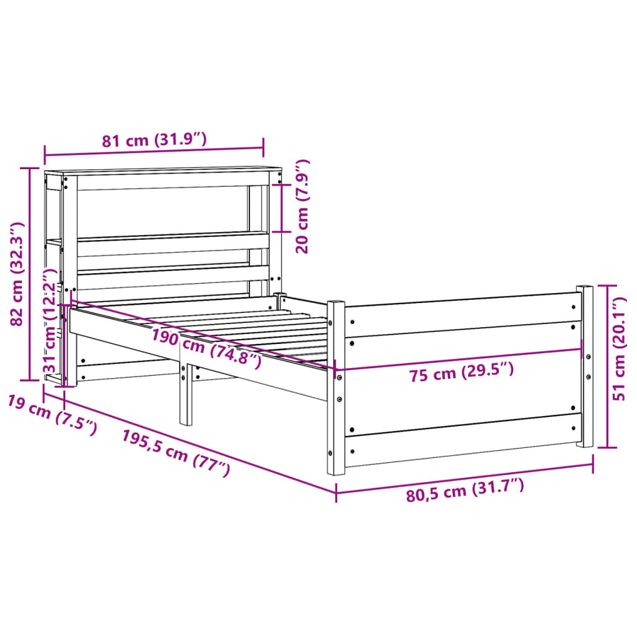 Bedframe met hoofdbord massief grenenhout 75x190 cm