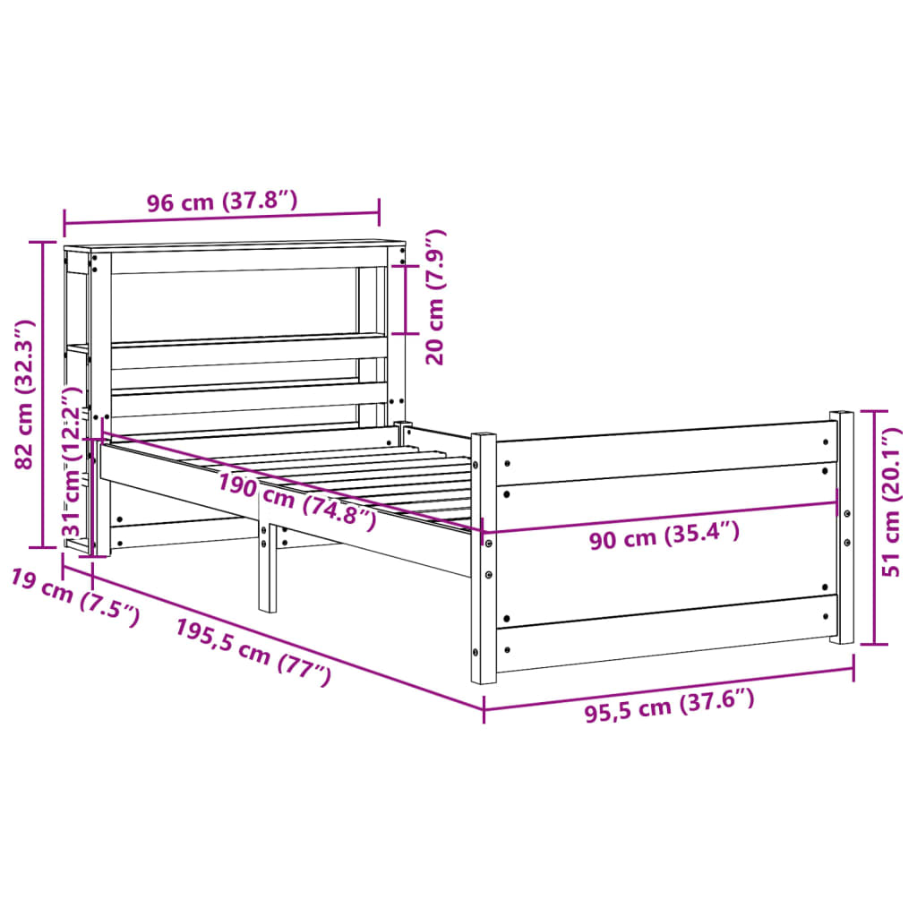 Bedframe met hoofdbord massief grenenhout 90x190 cm