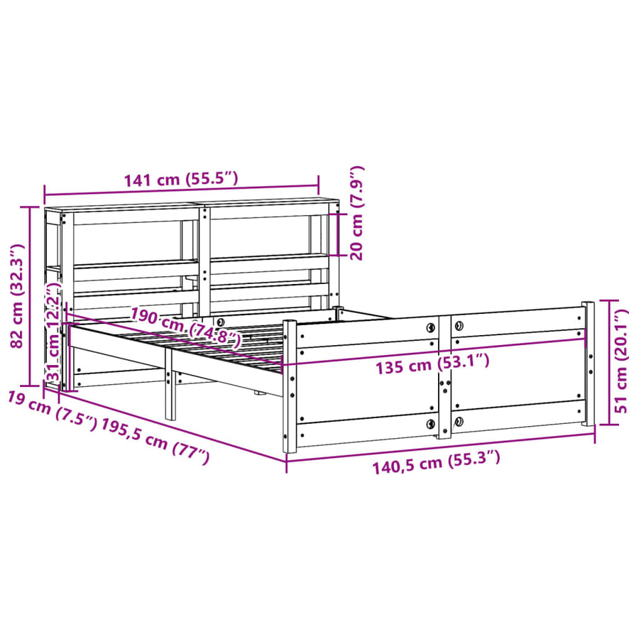Bedframe met hoofdbord massief grenenhout wit 135x190 cm