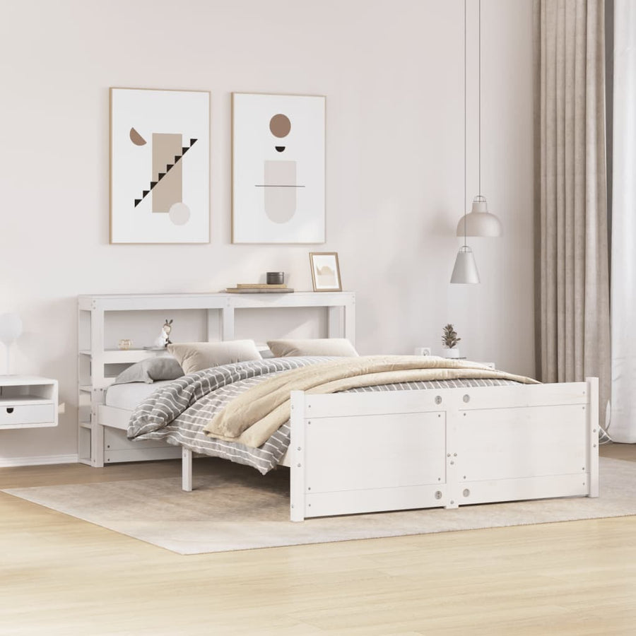 Bedframe met hoofdbord massief grenenhout wit 135x190 cm