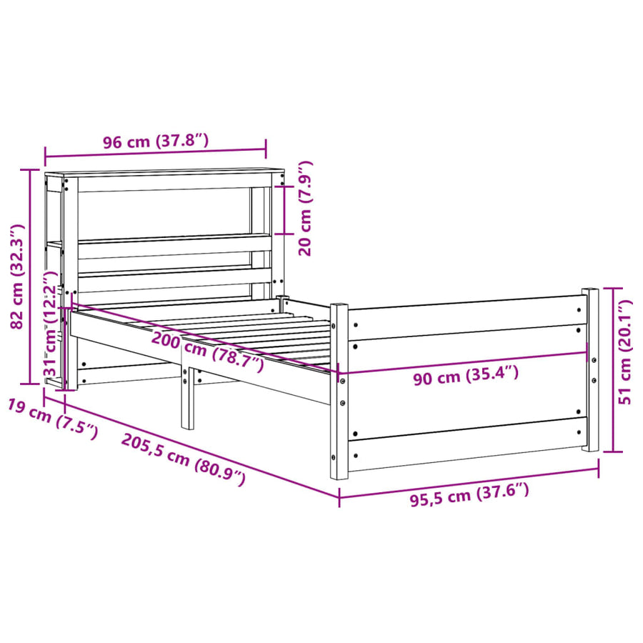 Bedframe met hoofdbord massief grenenhout 90x200 cm