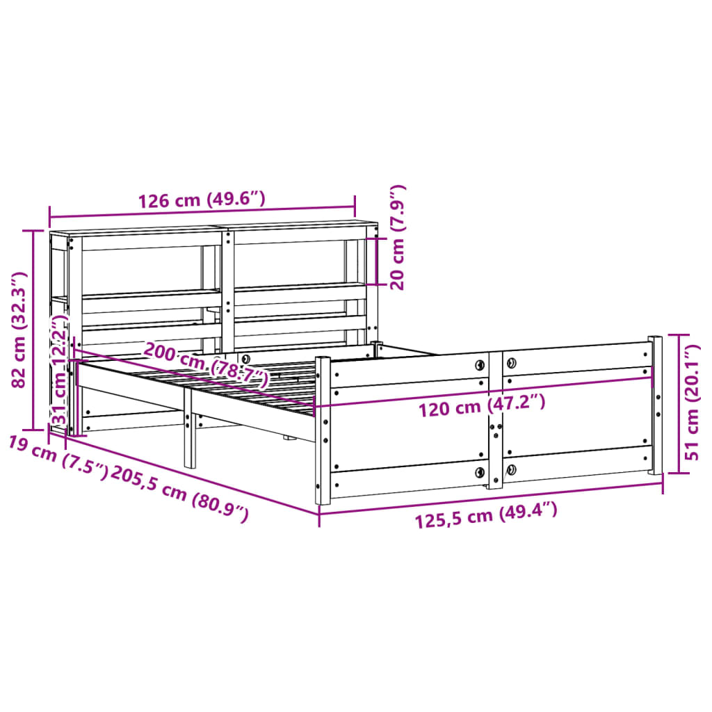 Bedframe met hoofdbord massief grenenhout 120x200 cm