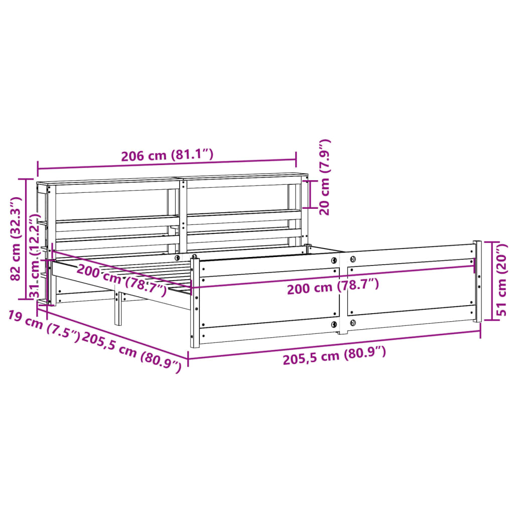 Bedframe met hoofdbord massief grenenhout 200x200 cm