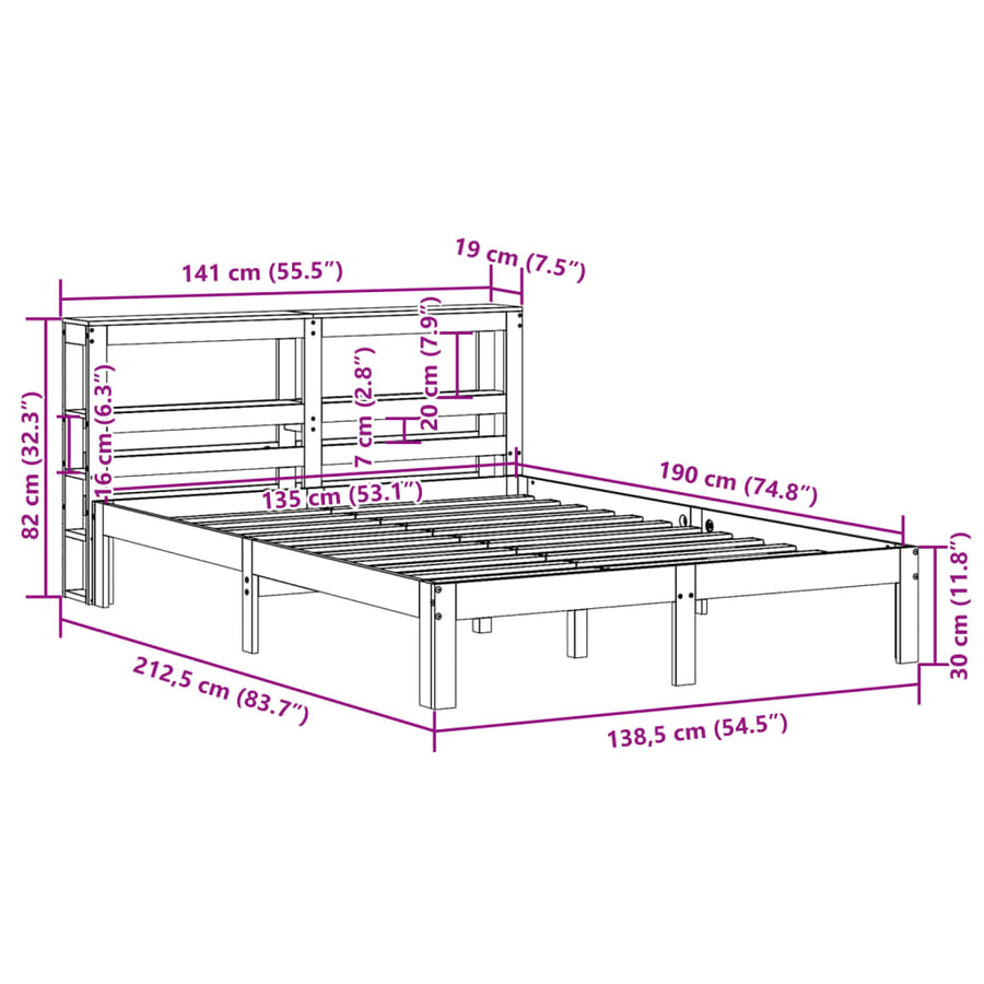 Bedframe met hoofdbord massief grenenhout wit 135x190 cm