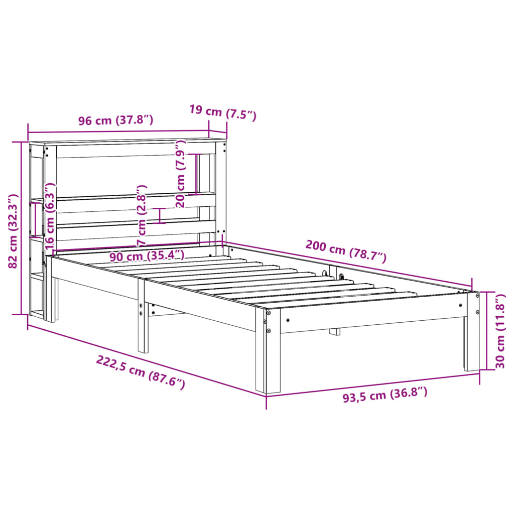 Bedframe met hoofdbord massief grenenhout 90x200 cm
