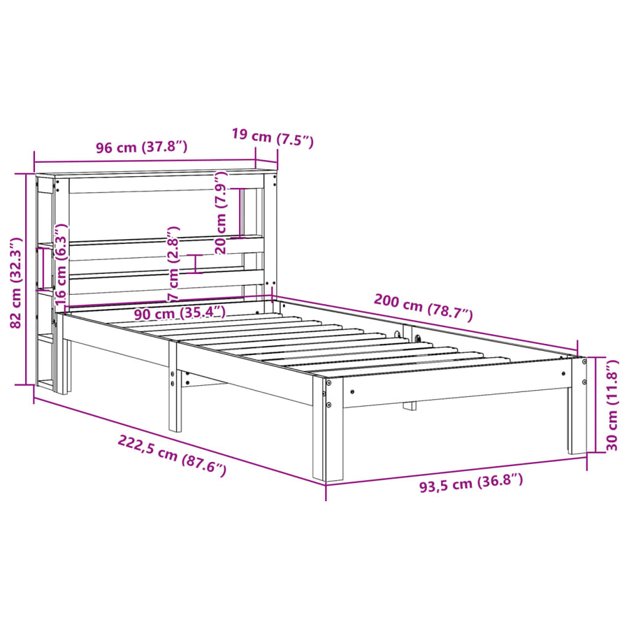 Bedframe met hoofdbord massief grenenhout 90x200 cm