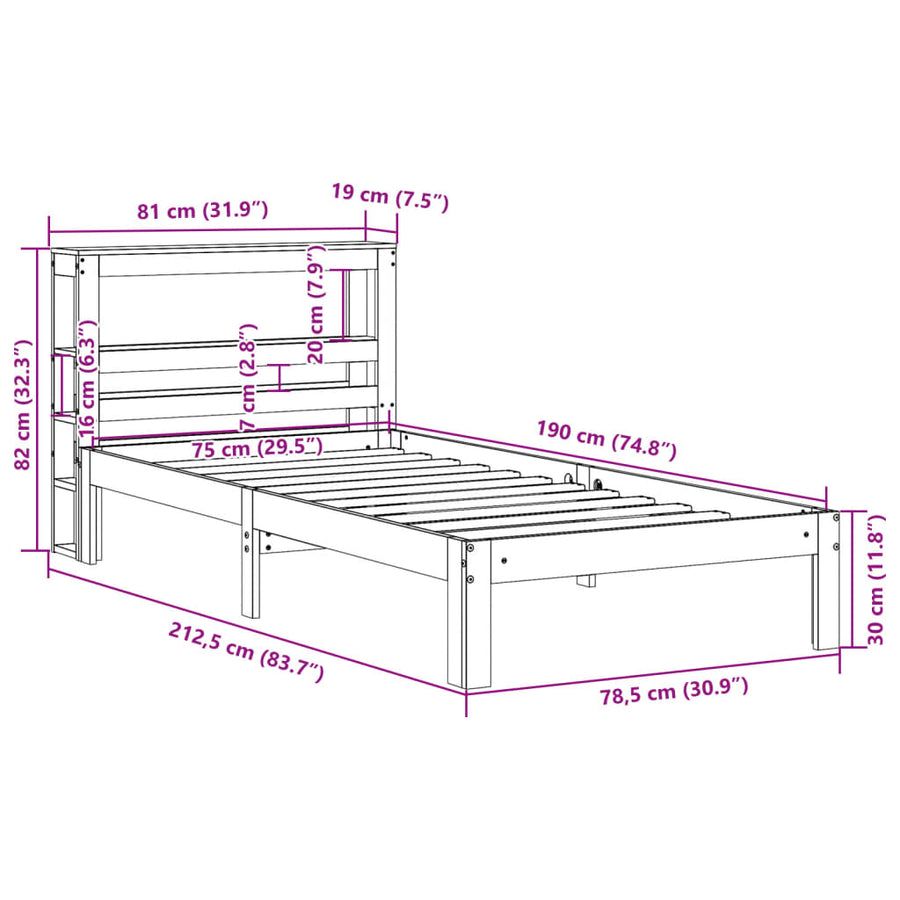 Bedframe zonder matras massief grenenhout wasbruin 75x190 cm