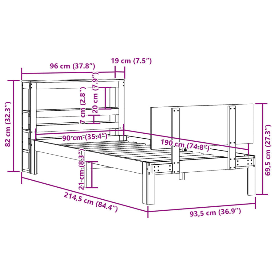 Bedframe met hoofdbord massief grenenhout 90x190 cm