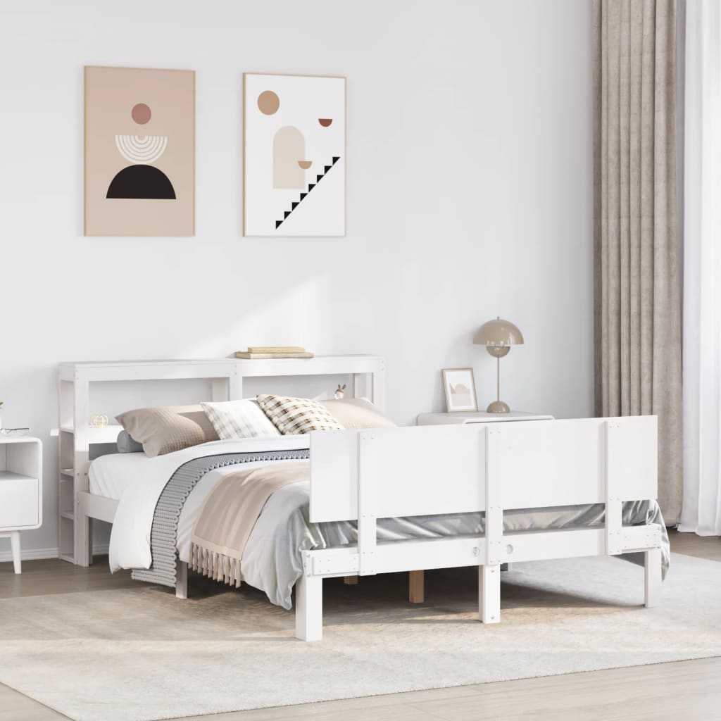 Bedframe met hoofdbord massief grenenhout wit 135x190 cm