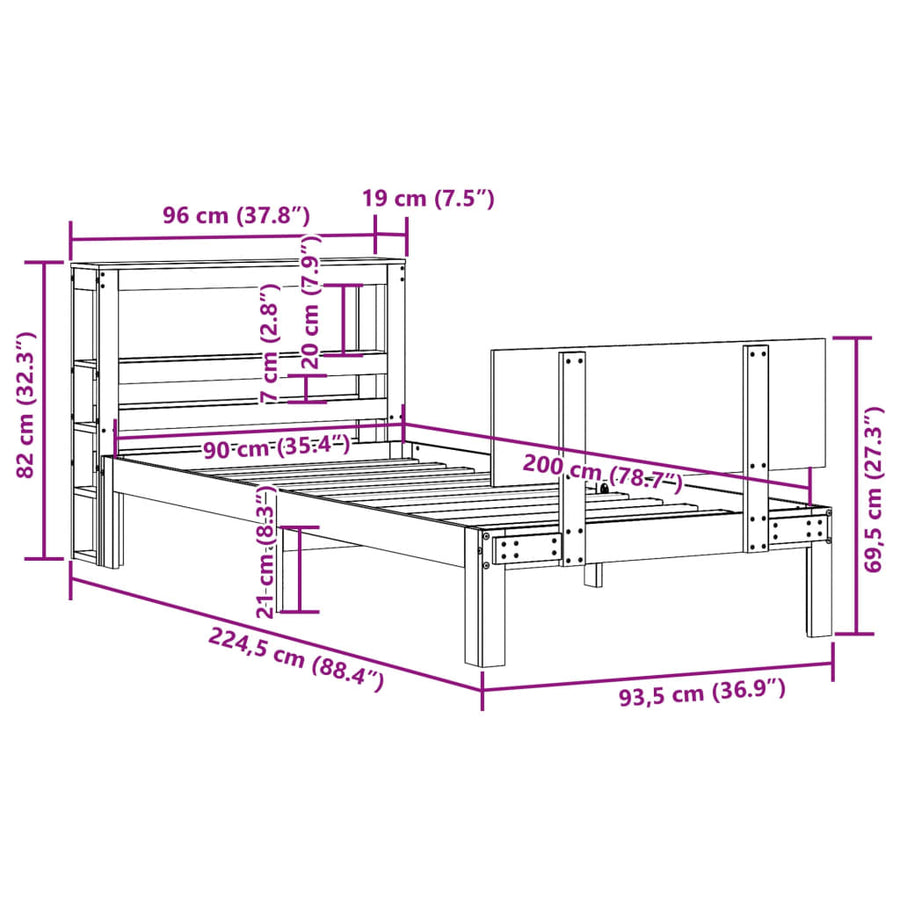 Bedframe met hoofdbord massief grenenhout 90x200 cm