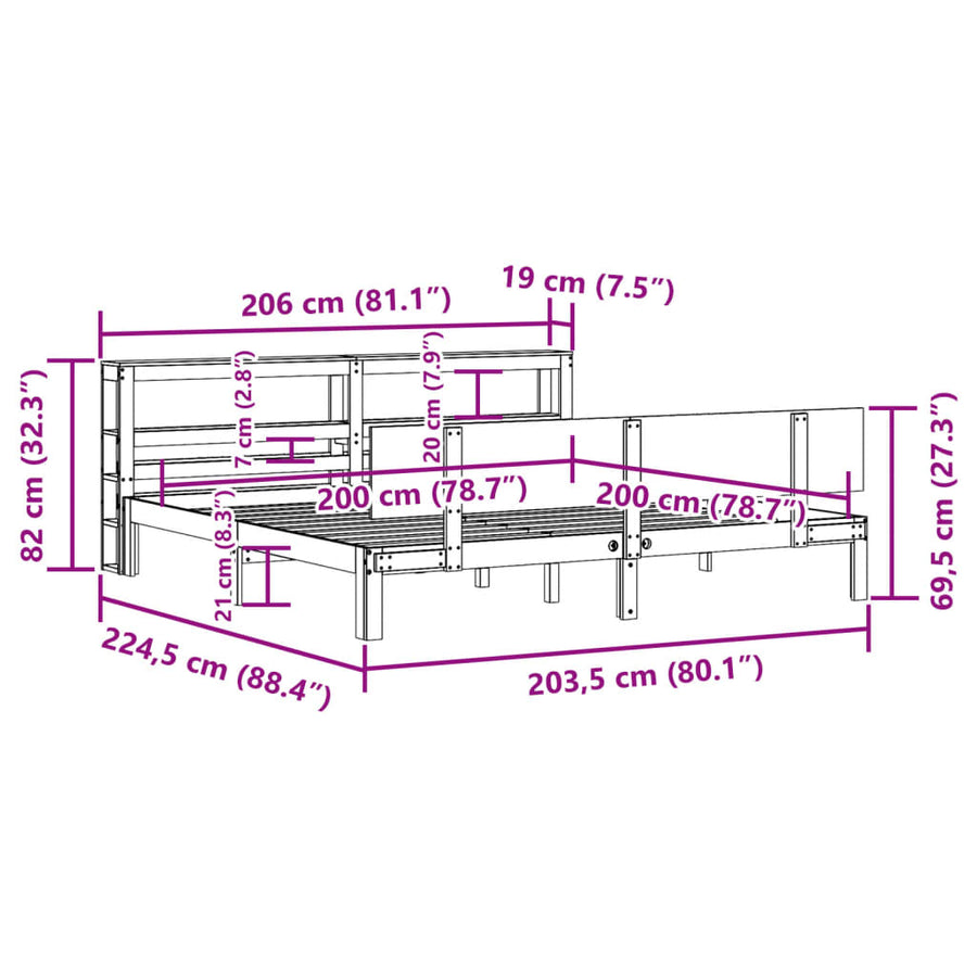 Bedframe met hoofdbord massief grenenhout wit 200x200 cm