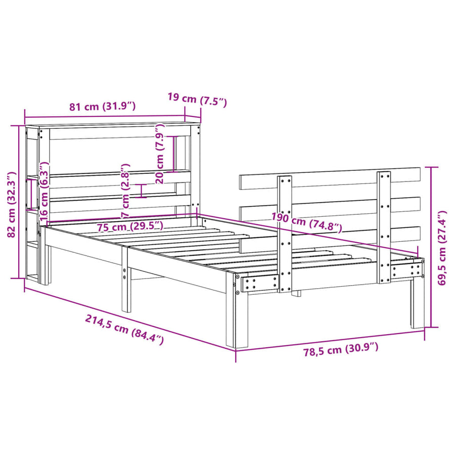 Bedframe met hoofdbord massief grenenhout 75x190 cm