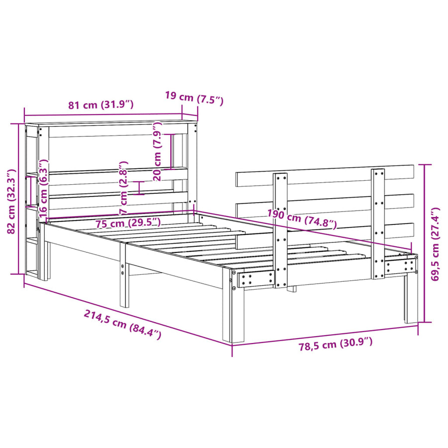 Bedframe met hoofdbord massief grenenhout wit 75x190 cm