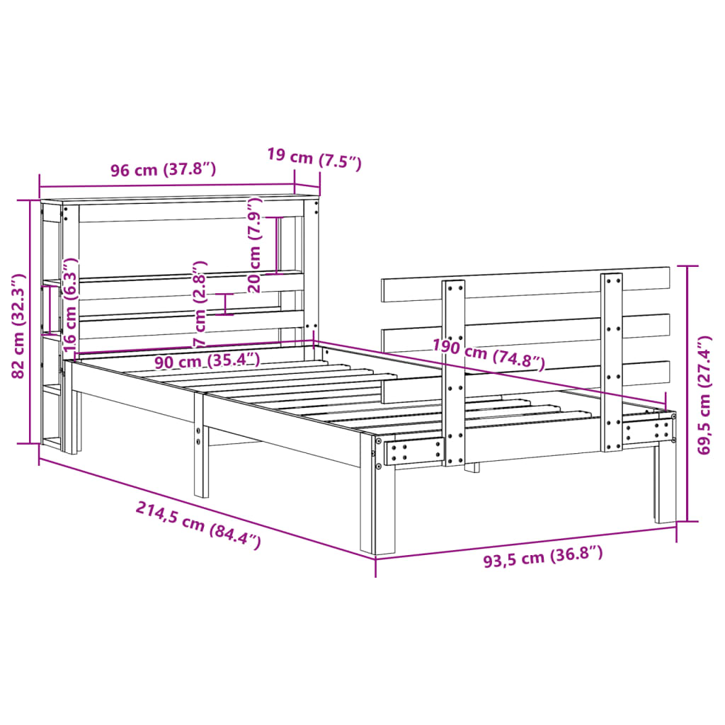 Bedframe met hoofdbord massief grenenhout 90x190 cm