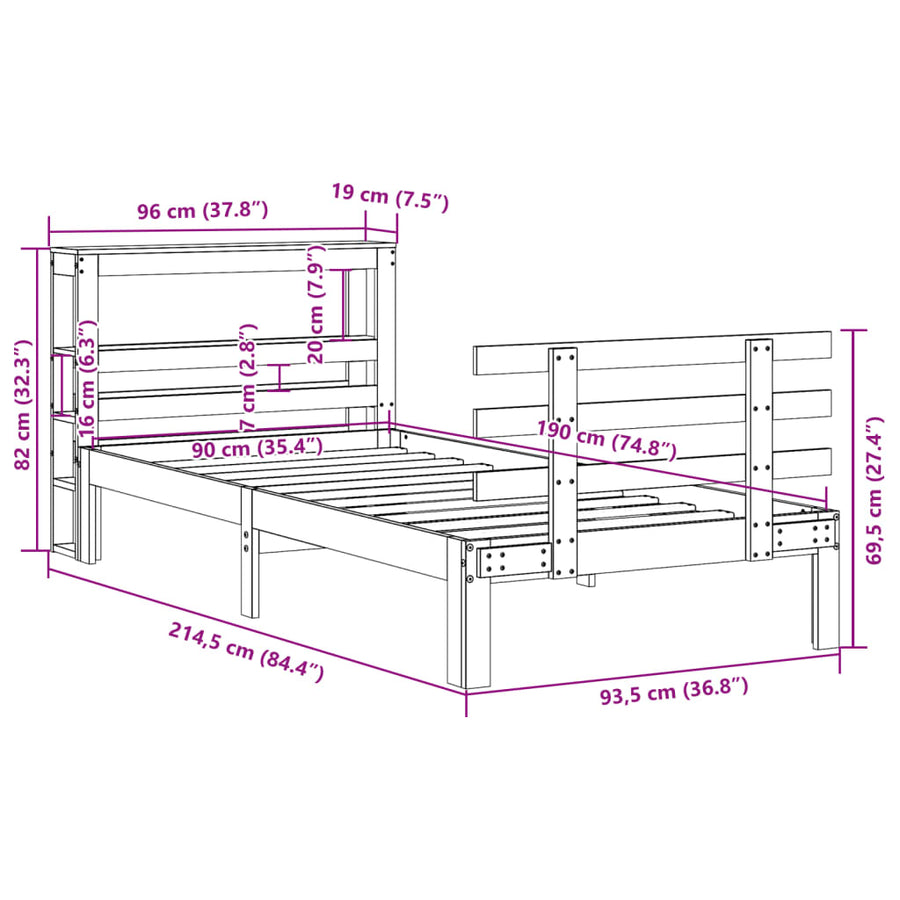 Bedframe met hoofdbord massief grenenhout 90x190 cm