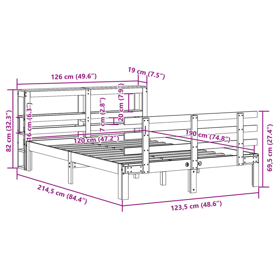 Bedframe met hoofdbord massief grenenhout 120x190 cm