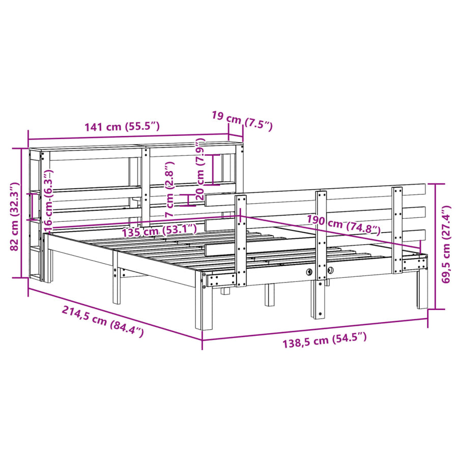 Bedframe met hoofdbord massief grenenhout wit 135x190 cm