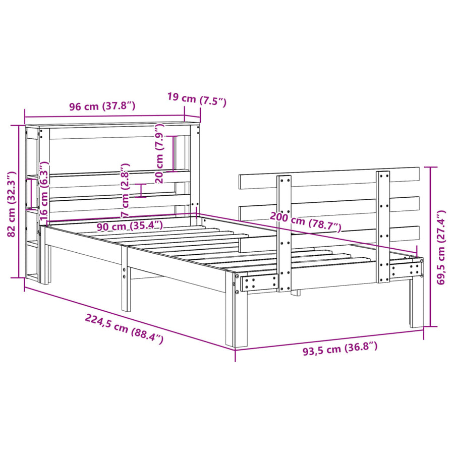 Bedframe met hoofdbord massief grenenhout 90x200 cm
