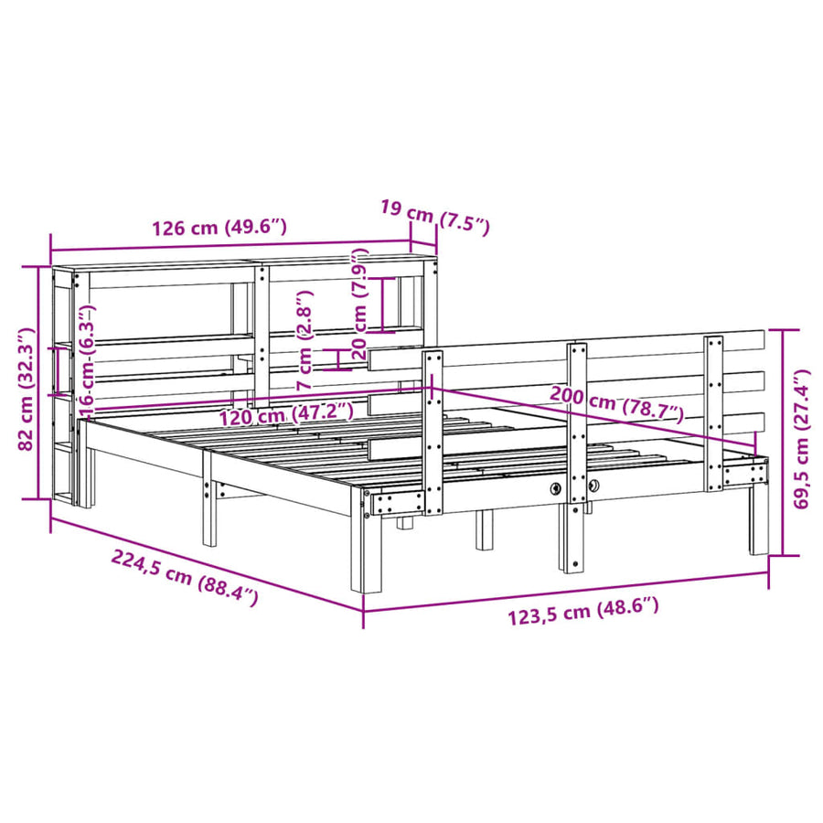 Bedframe met hoofdbord massief grenenhout 120x200 cm