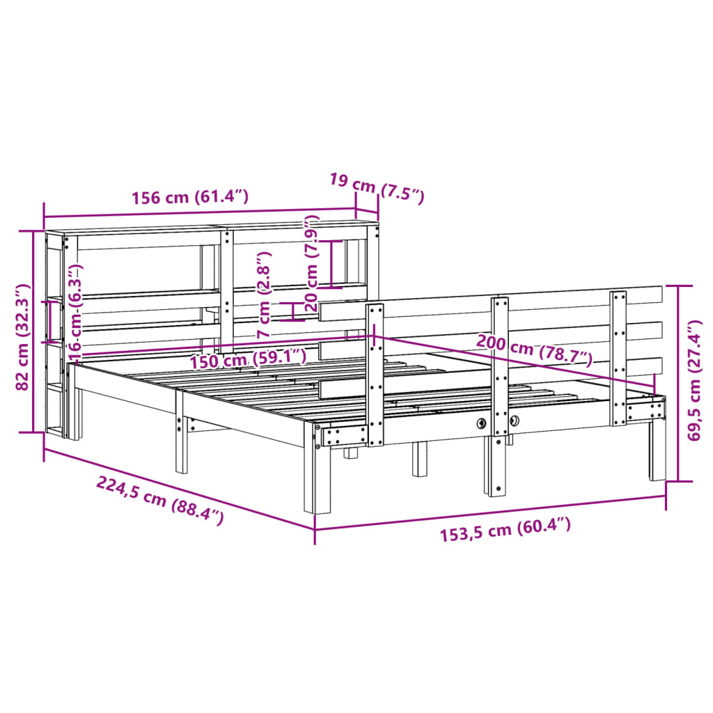 Bedframe met hoofdbord massief grenenhout 150x200 cm