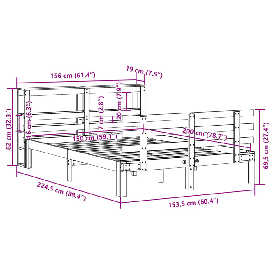 Bedframe met hoofdbord massief grenenhout wit 150x200 cm