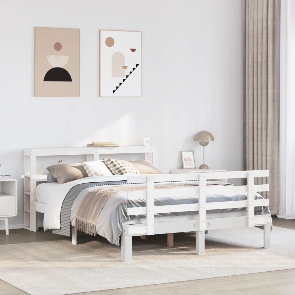 Bedframe met hoofdbord massief grenenhout wit 150x200 cm