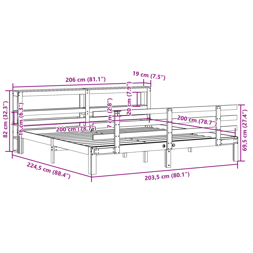 Bedframe met hoofdbord massief grenenhout 200x200 cm