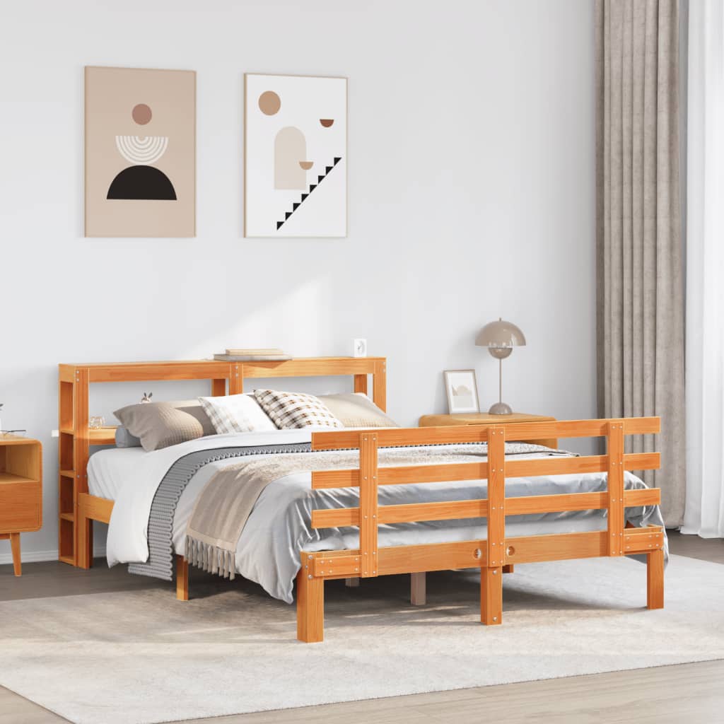 Bedframe met hoofdbord massief grenenhout wasbruin 140x190 cm