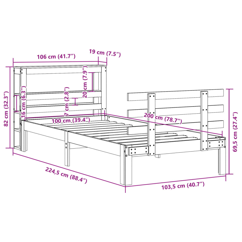 Bedframe met hoofdbord massief grenenhout wasbruin 100x200 cm