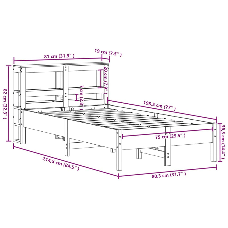 Bedframe zonder matras massief grenenhout 75x190 cm