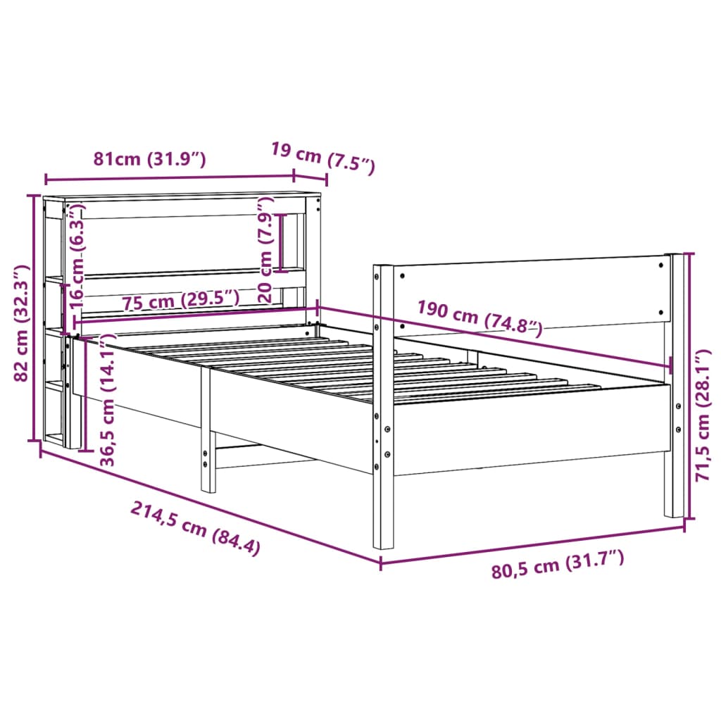 Bedframe zonder matras massief grenenhout 75x190 cm