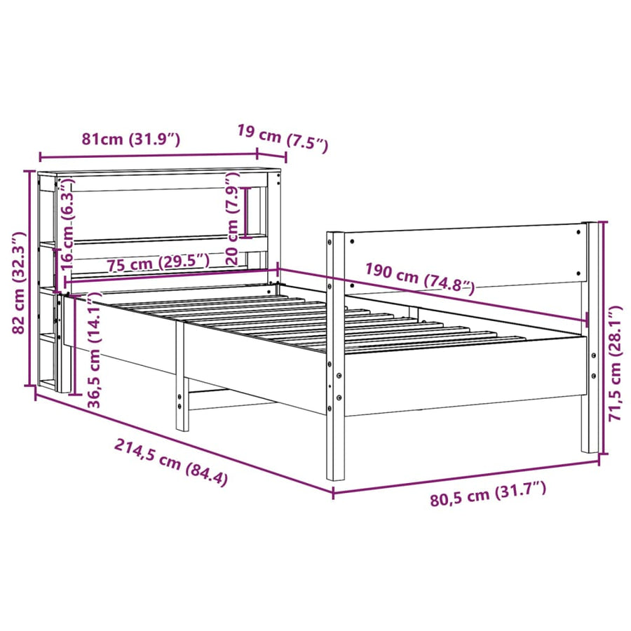 Bedframe zonder matras massief grenenhout 75x190 cm