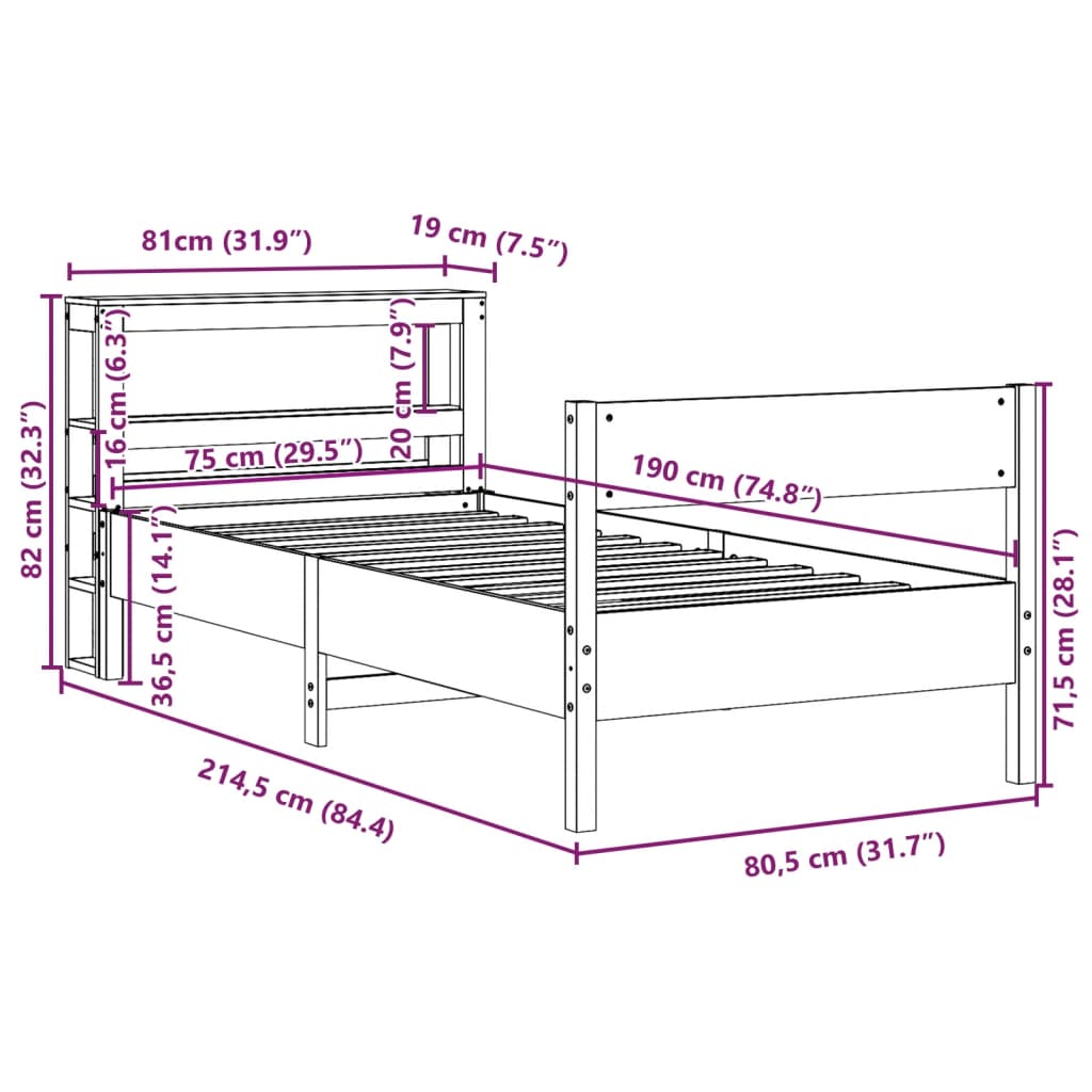 Bedframe zonder matras massief grenenhout wit 75x190 cm