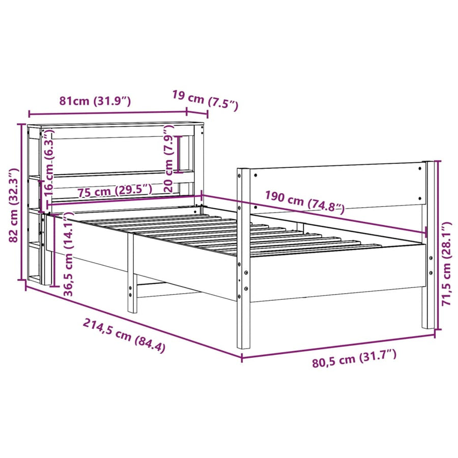 Bedframe zonder matras massief grenenhout wit 75x190 cm