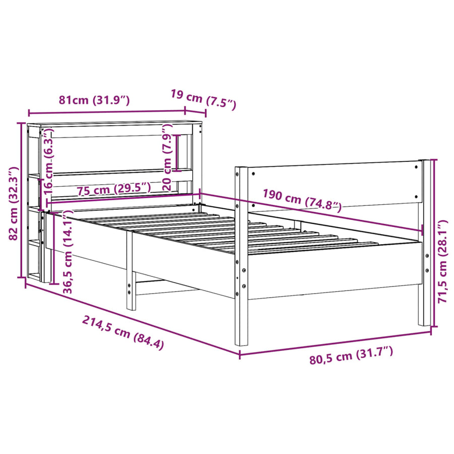 Bedframe zonder matras massief grenenhout wasbruin 75x190 cm