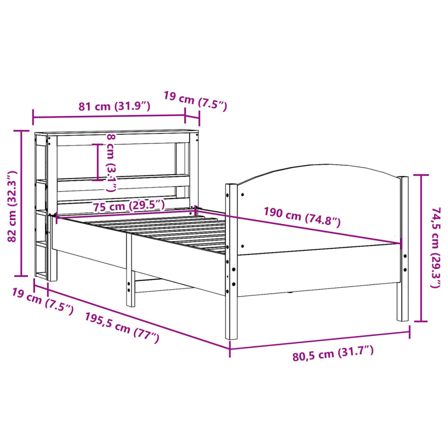 Bedframe zonder matras massief grenenhout wasbruin 75x190 cm