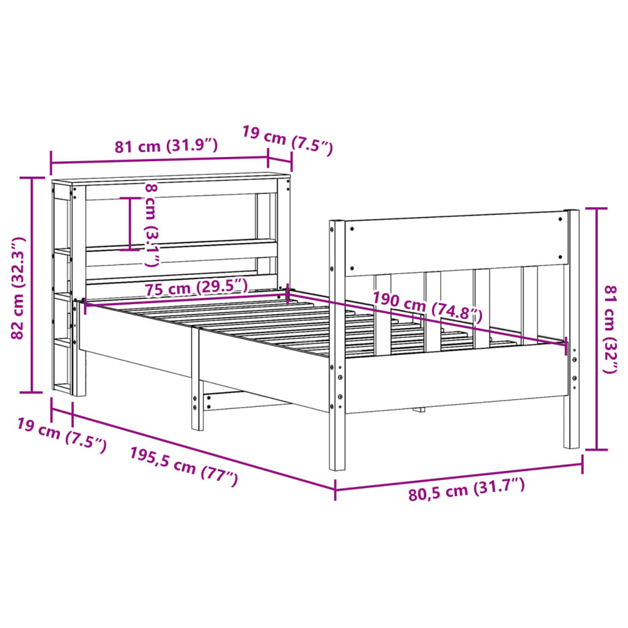 Bedframe zonder matras massief grenenhout 75x190 cm