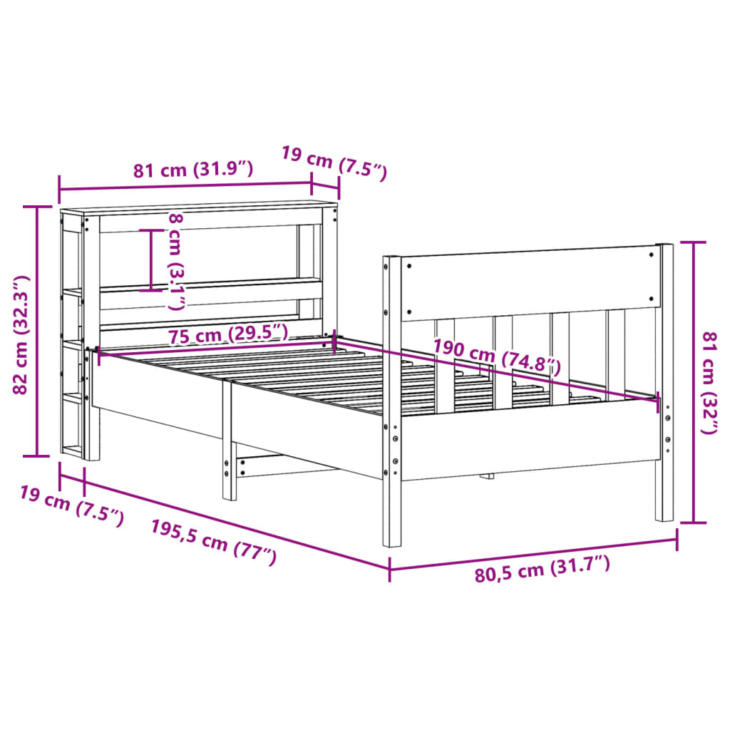 Bedframe zonder matras massief grenenhout wasbruin 75x190 cm