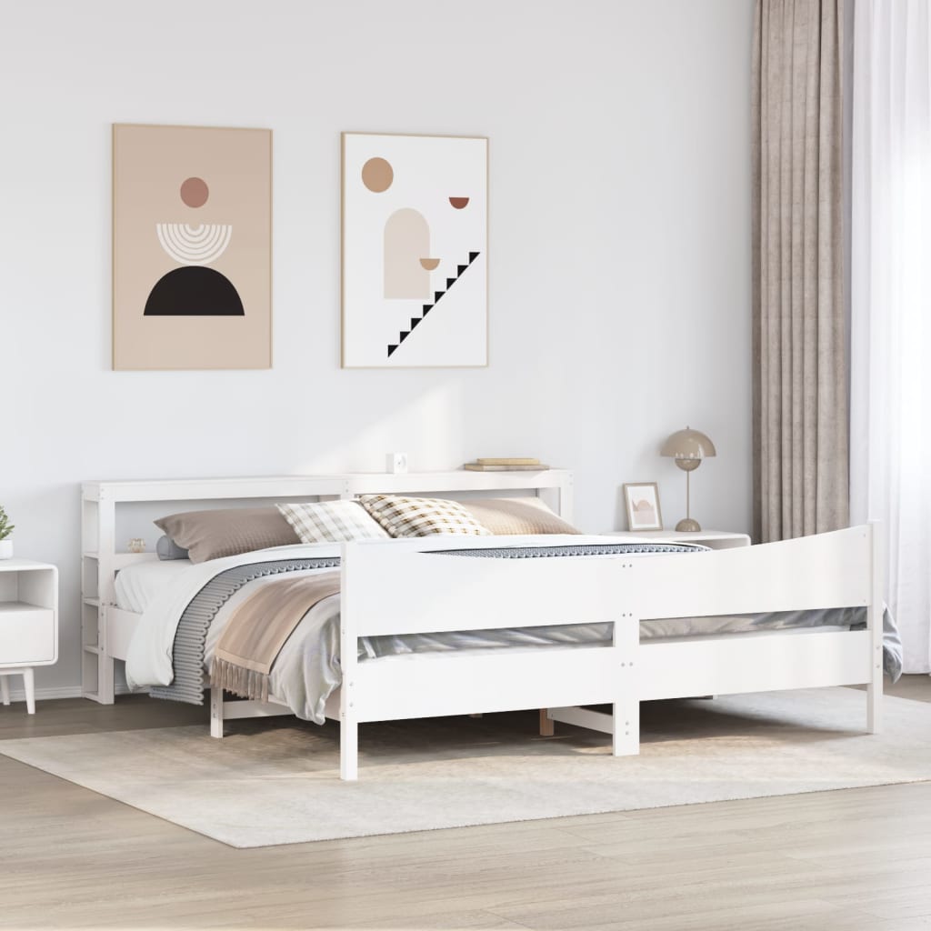 Bedframe met hoofdbord massief grenenhout wit 200x200 cm